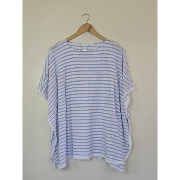 J Jill Striped 100% Linen Fringe Poncho Top Womens Size M/L Blue White Pullover - Picture 1 of 8